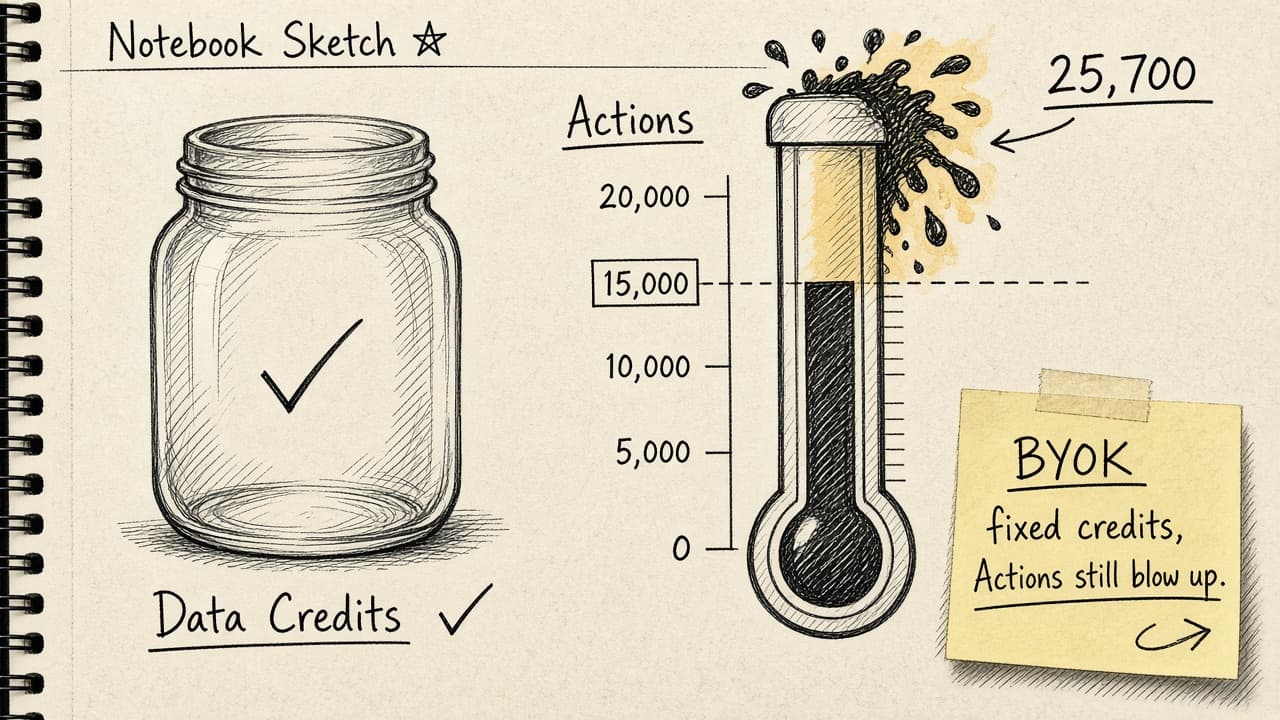 Handsketch of empty Data Credits beside an Actions bar past 15,000