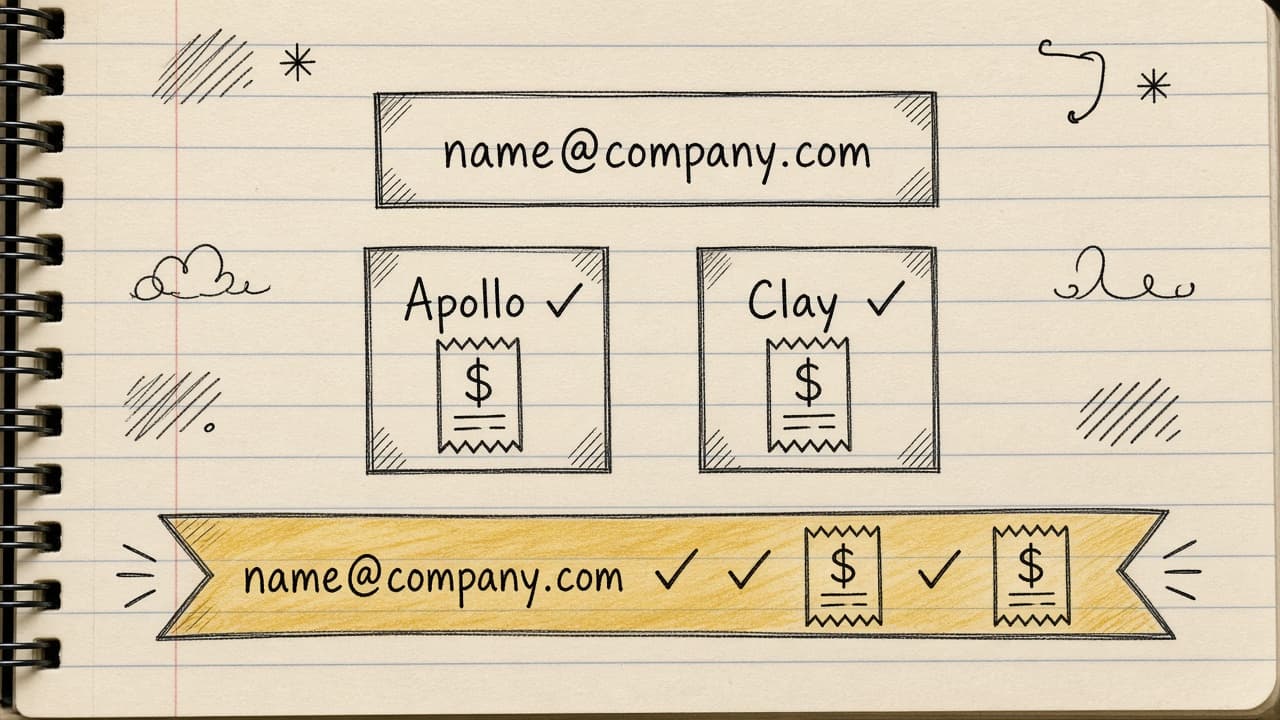 Handsketch of the same email getting verified in Apollo and again in Clay