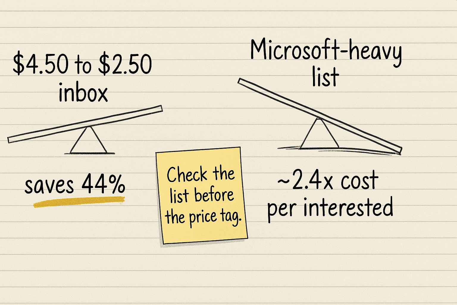 Handsketch of two seesaws, one tipping gently for a cheaper inbox saving 44 percent and one slamming down for a Microsoft-heavy list at about 2.4x cost per interested lead