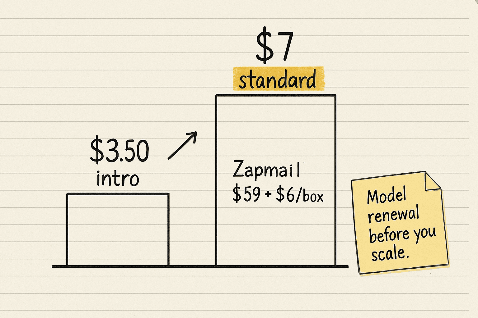 Handsketch of two price steps, a low year-one bar marked $3.50 intro and a tall year-two bar marked $7 standard and Zapmail $59 plus $6 per box