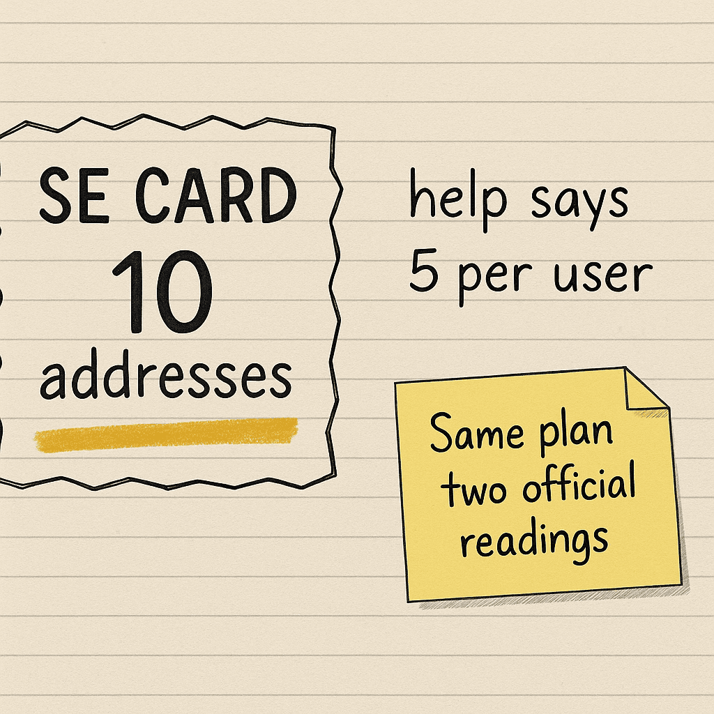 Handsketch of SE card saying 10 addresses beside help saying 5 per user