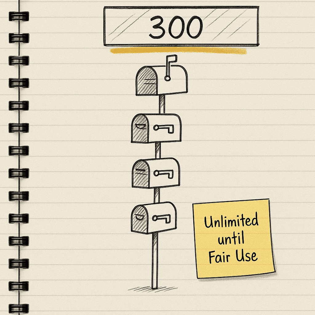 Handsketch of a mailbox stack hitting a glass ceiling labeled 300