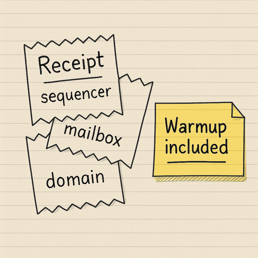 Handsketch of three receipts stacked for sequencer, mailbox, and domain