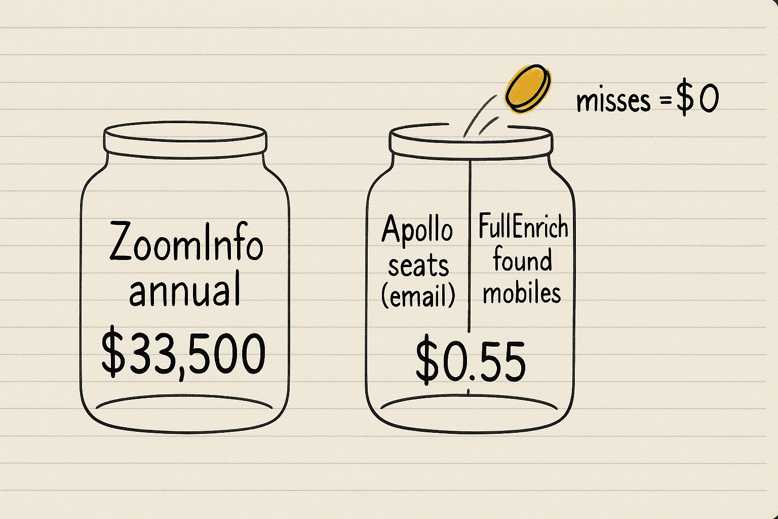 Handsketch of a ZoomInfo jar at $33,500 beside a split jar for Apollo seats and FullEnrich found mobiles at $0.55, with a misses equal $0 coin bouncing out
