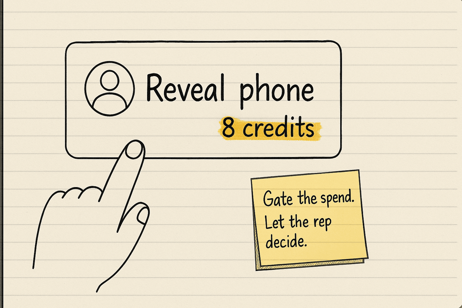 Handsketch of a contact card with a hand-drawn button reading Reveal phone, 8 credits, and a finger hovering over it