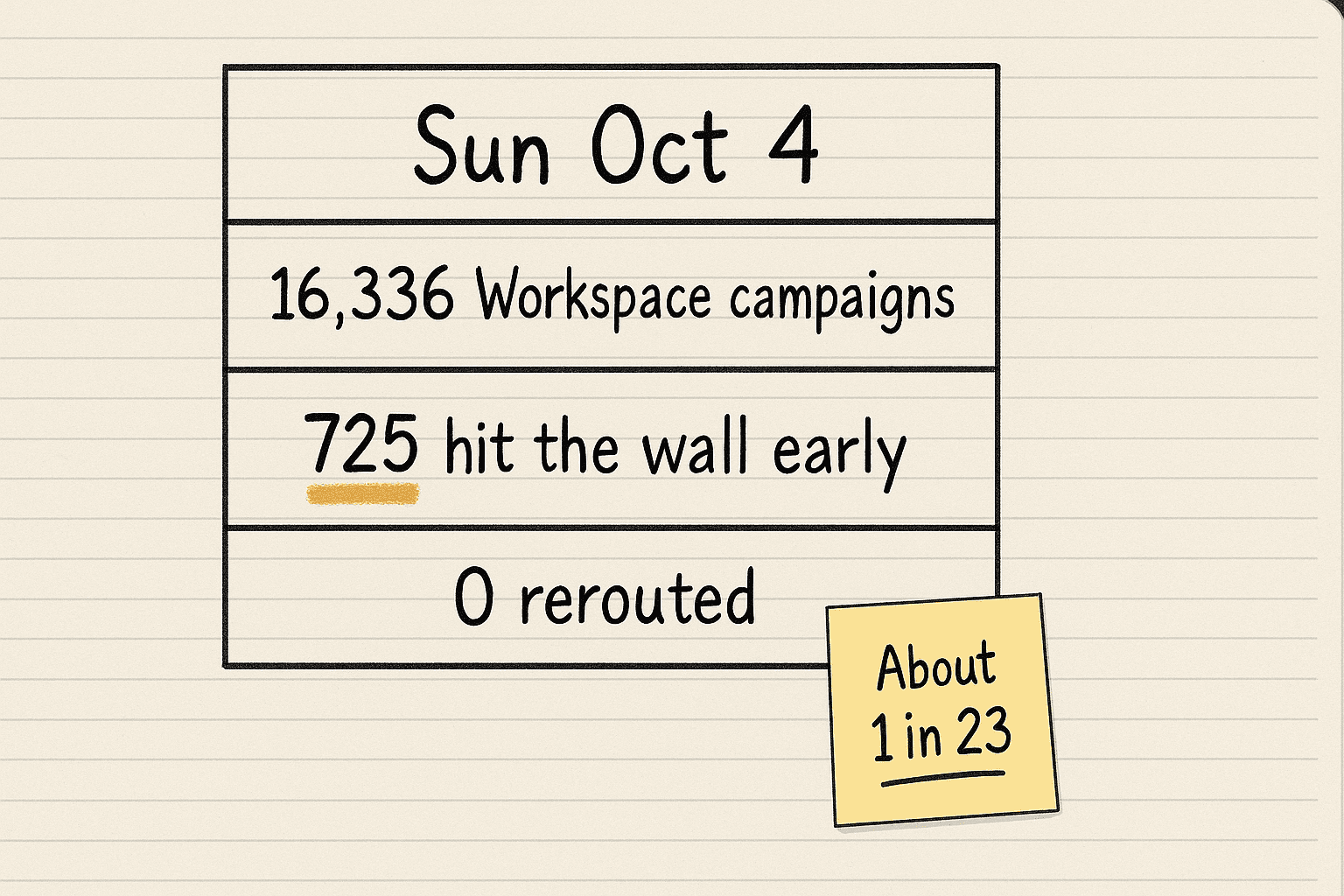 Handsketch of a tally box reading Sunday October 4, 16,336 Workspace campaigns, 725 hit the wall early, 0 rerouted