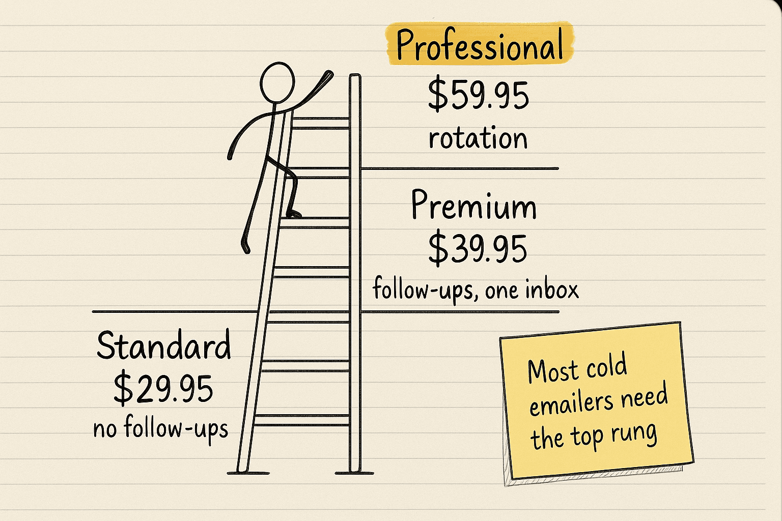 Handsketch of a three-rung ladder, Standard $29.95 no follow-ups, Premium $39.95 follow-ups and one inbox, Professional $59.95 rotation, with a stick figure on the bottom rung reaching up