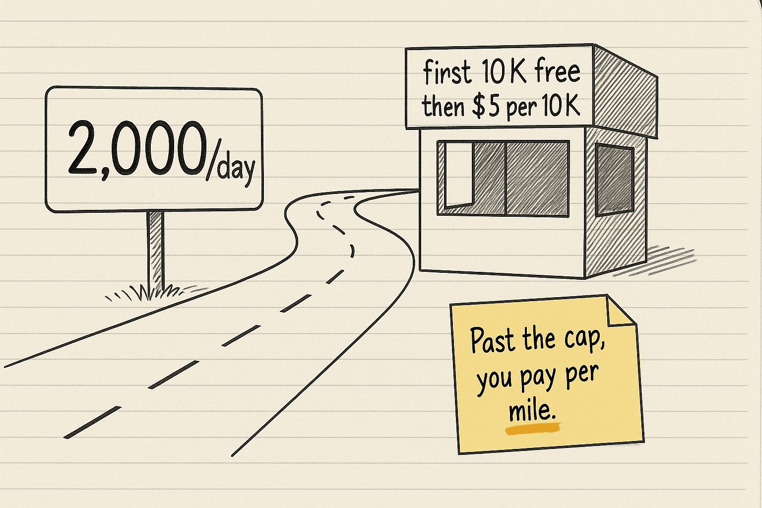 Handsketch of a road past a 2,000 a day sign leading to a tollbooth labeled first 10K free, then $5 per 10K