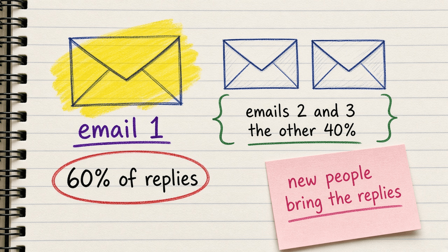 Handsketch of three envelopes lined up, the first with a big highlighter blob reading 60 percent of replies and the next two sharing a smaller tag reading the other 40 percent