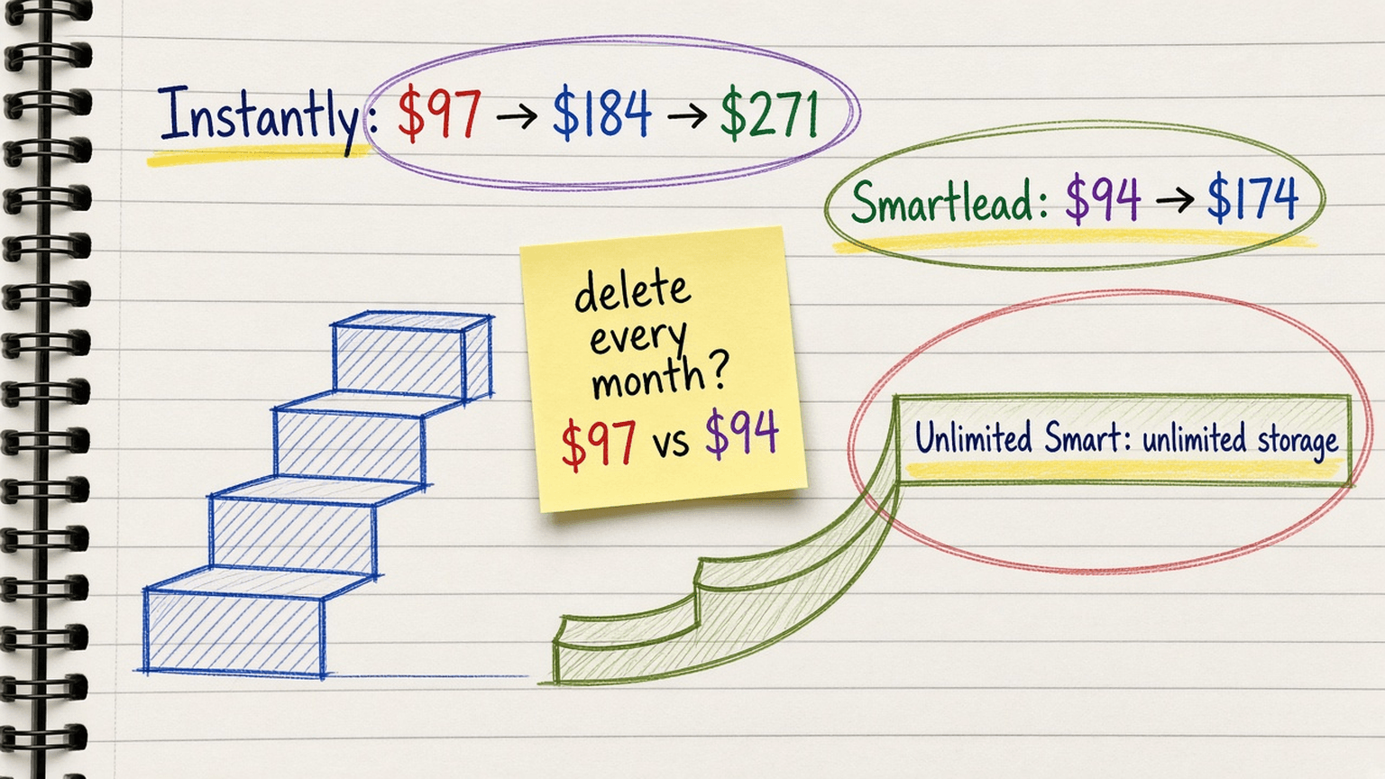 Handsketch of a staircase climbing from $97 to $184 to $271 next to a gentle ramp from $94 to $174 that goes flat