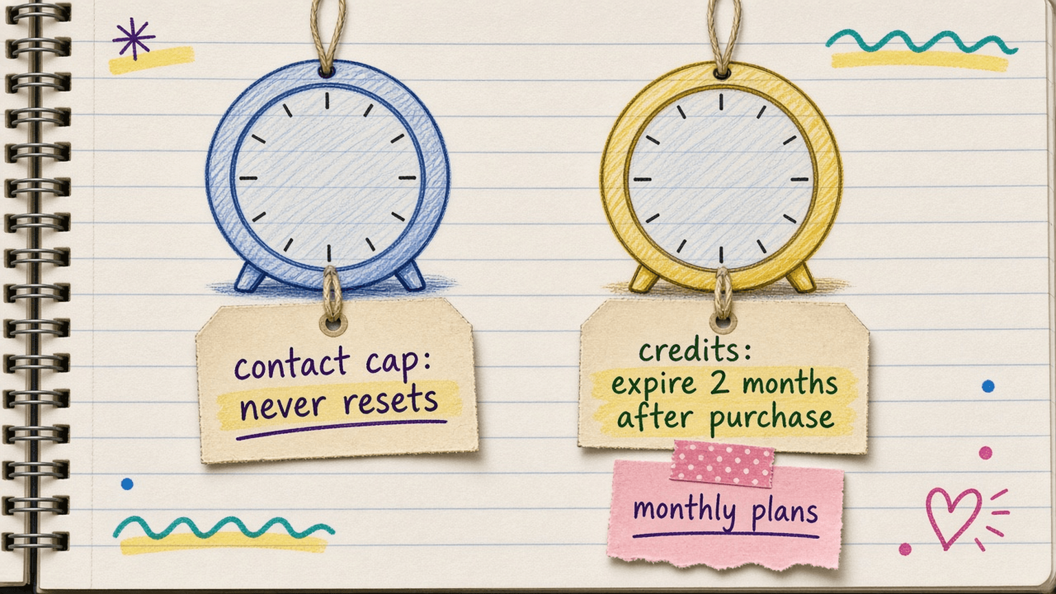 Handsketch of two kitchen timers, one labeled contact cap never resets and one labeled credits expire in 2 months