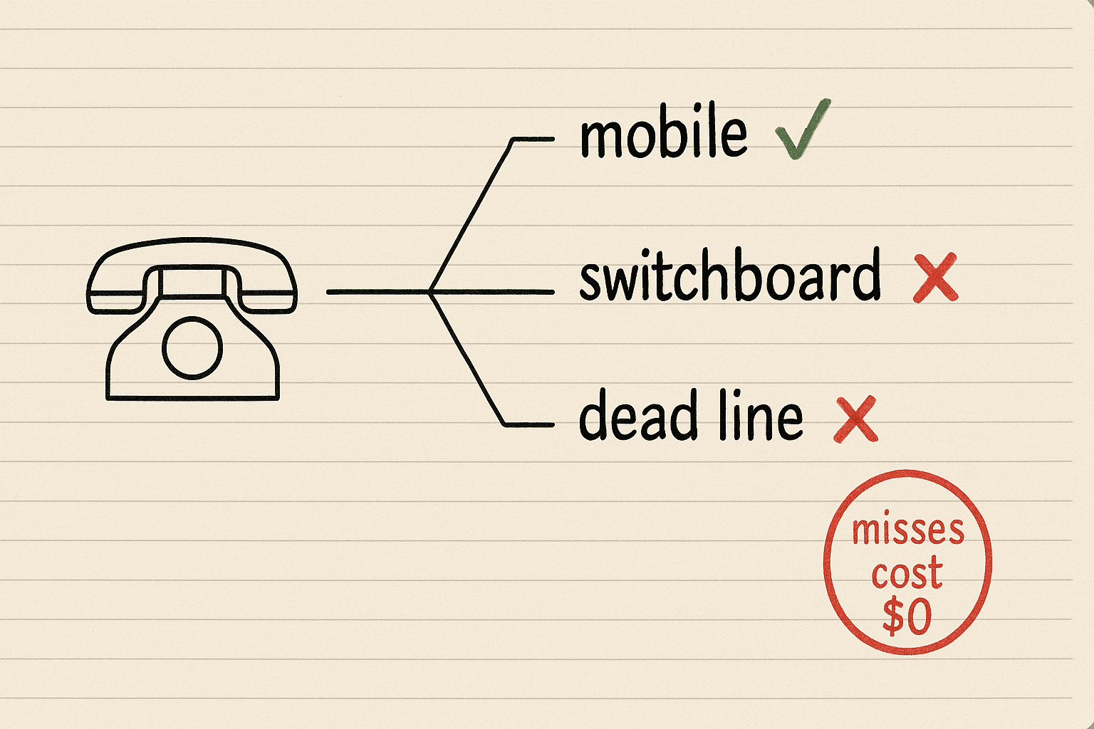 Handsketch of a phone tree with a mobile marked with a check, a switchboard and a dead line crossed out, and a stamp reading misses cost $0