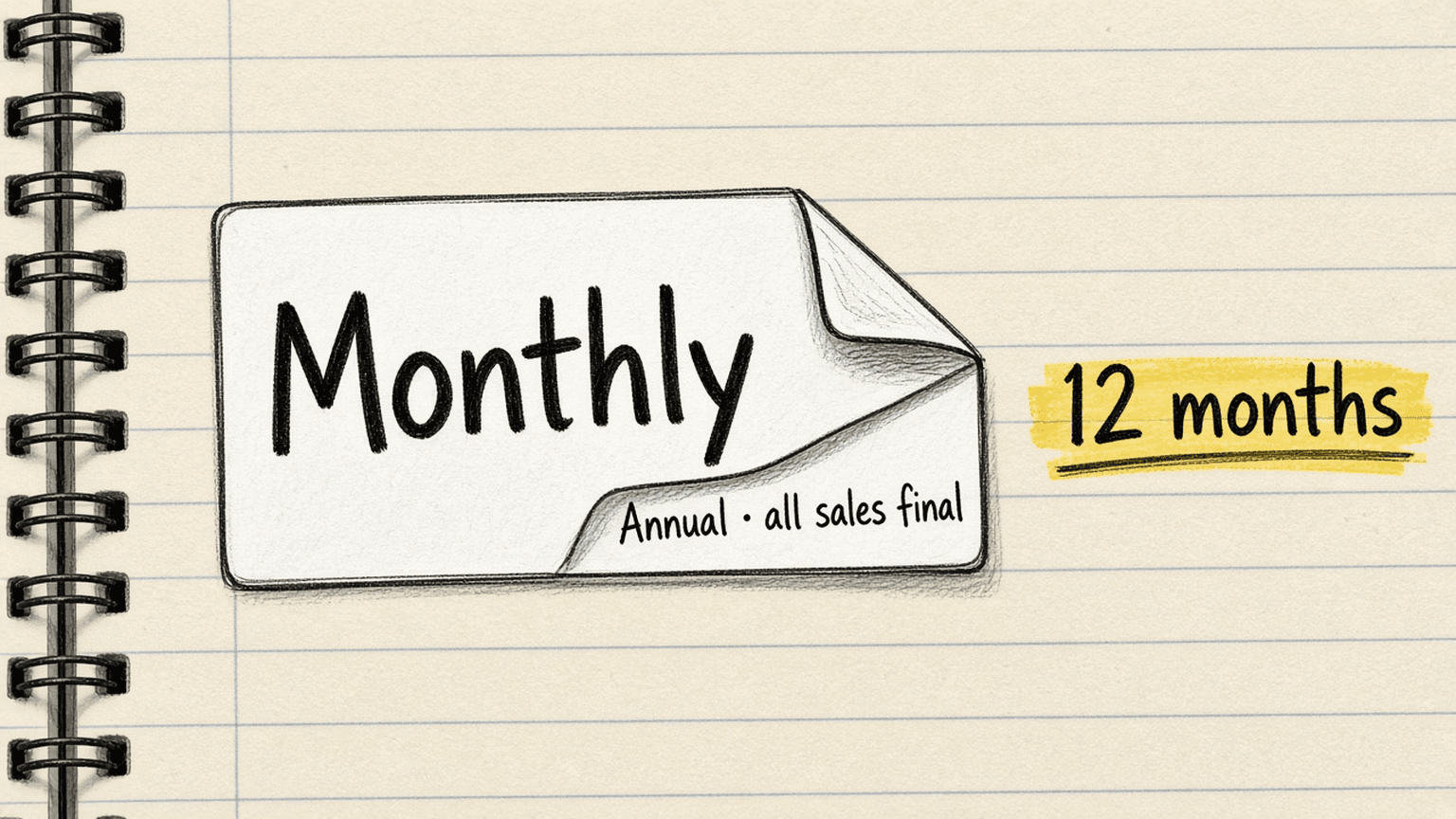 Handsketch of a Monthly label peeling off to show Annual and all sales final underneath, with 12 months highlighted